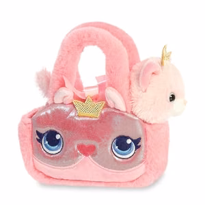 Fancy Pals ympäristöystävällinen prinsessakissa-pehmolelu kultakruunulla vaaleanpunaisessa laukussa, 20 cm