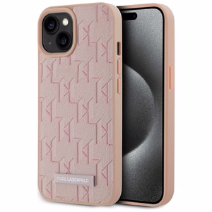 Karl Lagerfeld Leather Monogram Metal Logo MagSafe Suojakuori iPhone 15:lle - vaaleanpunainen