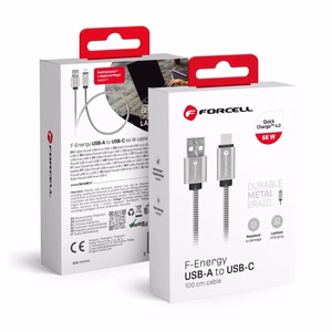 Kaapeli USB A - USB C Forcell F-Energy QC4.0 3A 66W Metal 1 m C234 hopeinen