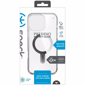 Speck Presidio Perfect-Clear -suojakuori MagSafe- ja ClickLock-tuella iPhone 16 Pro Max:lle, Clear/Chrome