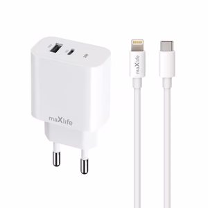Maxlife MXTC-06-20AC PD QC laturi 1x USB-C 1x USB 20W valkoinen + USB-C - Lightning kaapeli 20W