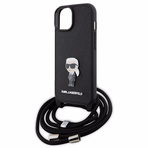 Karl Lagerfeld Suojakuori iPhone 15 6,1 KLHCP15SSASKNPSK musta HC Saffiano Ikonik Metal Pin Monogram Crossbody