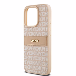DKNY Nahkainen Mono Raita ja Metallinen Logo Suojakuori iPhone 15 Pro:lle - vaaleanpunainen