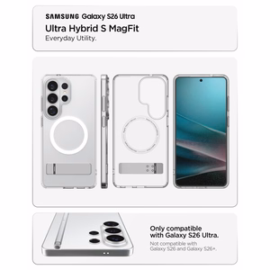 Spigen Ultra Hybrid S Mag MagSafe Suojakuori Samsung Galaxy S26 Ultra:lle - läpinäkyvä ja valkoinen