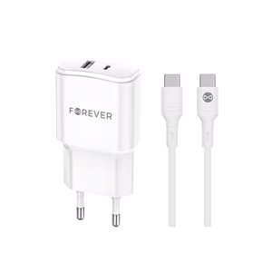 Forever TC-01-20AC PD QC laturi 1x USB-C 1x USB 20W valkoinen + USB-C - USB-C kaapeli 20W