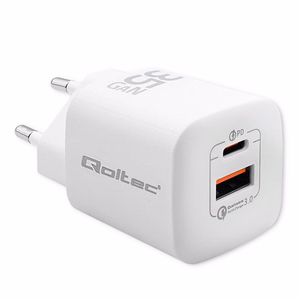 Qoltec 50763 mobiililaitteen laturi kannettava tietokone, kannettava pelikonsoli, varavirtalähde, älypuhelin, älykello, tabletti valkoinen AC pikalaturi sisäkäyttöön