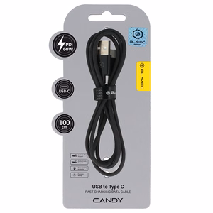 Blavec kaapeli Candy punottu - USB - Type C - PD 60W 3A 1 metri Apple CarPlay/Android Auto (CCA-UC3B10) musta
