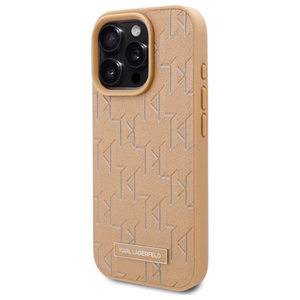 Karl Lagerfeld Suojakuori iPhone 16 Pro 6.3 KLHMP16LPKHPORPE Beige Kova Nahkainen Monogram Metal Logo MagSafe
