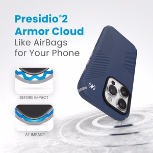 Speck Presidio2 Grip suojakuori iPhone 15 Pro -laitteelle, Coastal Blue / Dust Grey -värinen