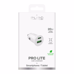 Puro Pro Lite auton laturi 1x USB-A + 1x USB-C Power Delivery 20W - Valkoinen