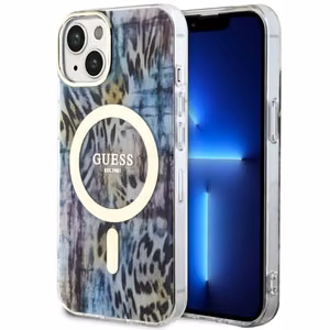 Guess Leopard MagSafe suojakuori iPhone 14:lle - sininen