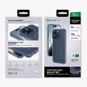 Amazing Thing Titan Pro Mag Lompakkokuori 10FT IP156.7PTWBU iPhone 15 Pro Max:lle laivastonsininen jalustalla