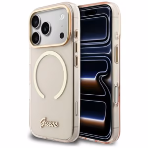 Guess IML Script Metal MagSafe Suojakuori iPhone 17 Pro:lle - Vaaleanpunainen