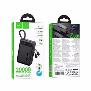 Hoco J171A -varavirtalähde 20000 mAh QC PD 2A 22,5W sisäänrakennetuilla kaapeleilla USB-C + Lightning, musta