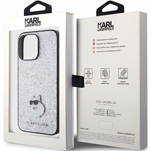 Karl Lagerfeld Fixed Glitter Choupette Logo Metal Pin suojakuori iPhone 15 Pro Max:lle - hopeinen