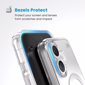 Speck Presidio Perfect-Clear -suojakuori MagSafe- ja ClickLock-tuella iPhone 16:lle, Clear/Chrome