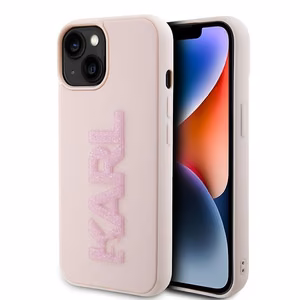 Karl Lagerfeld 3D Rubber Glitter Logo Suojakuori iPhone 15 Plus:lle - vaaleanpunainen