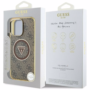 GUESS Suojakuori iPhone 16 Pro:lle MagSafe-yhteensopiva GUHMP16LHG4PRTGW (IML Metal Glitter 4G Circle Triangle) Ruskea