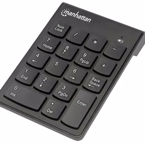Manhattan langaton numeronäppäimistö (2.4GHz), USB-A mikrovastaanotoin, 18 täysikokoista näppäintä, musta, kalvonäppäimet, automaattinen virranhallinta, kantama 10m, AAA-paristo (mukana), Windows ja Mac, kolmen vuoden takuu