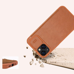 Nillkin Qin Nahka Pro Case iPhone 14 Plus kamera kansi Holster kansi Flip Case ruskea