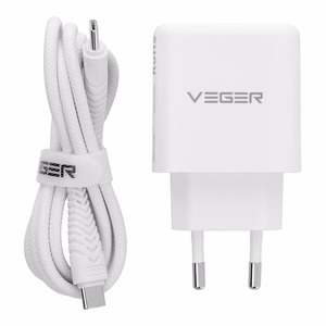 VEGER-puhelimen laturi, USB-A + Type-C, PD, QC3.0, 3,25 A, 65 W + USB-C–USB-C-kaapeli TR67, valkoinen