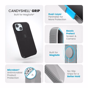 Speck Candyshell Grip MagSafe - Suojakuori iPhone 17e / 16e / 15 / 14 / 13 (musta / liuskekivi harmaa)