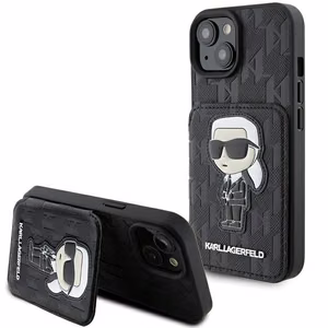 Karl Lagerfeld Saffiano Cardslots and Stand Monogram Ikonik Patch suojakuori iPhone 15:lle - musta