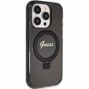 Alkuperäinen GUESS GUHMP15XHRSGSK Suojakuori iPhone 15 Pro Maxille (MagSafe-yhteensopiva / Glitter Script Logo / Ring stand / musta)