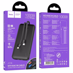 Varavirtalähde Hoco 10000 mAh 2A integroiduilla USB-C + Lightning -kaapeleilla J118 musta