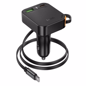 Autolaturi Hoco sisäänvedettävällä kaapelilla 2 x USB C + USB A QC PD 65W NZ18 musta