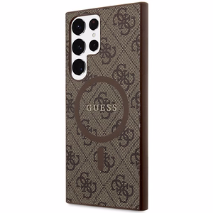 Guess 4G Collection Nahkainen Metal Logo MagSafe Suojakuori Samsung Galaxy S24 Ultralle - ruskea