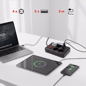 Maclean MCE393 B -jatkojohto, 4 pistorasiaa ja 3 USB-porttia, 110–240 V AC, 50/60 Hz, 2,1 A, enint. 2500 W, 3 m, musta