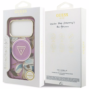 Guess IML Glitter Flowers Triangle MagSafe suojakuori mallille iPhone 17 Pro / 18 Pro – violetti