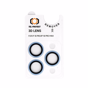 Tel Protect 3D Lens -vaaleansiniset karkaistut suojalasit Apple iPhone 18 Pro- ja iPhone 18 Pro Max -puhelinten kameralinsseille (3 kpl)