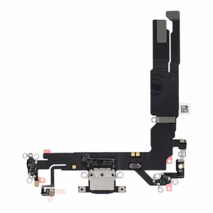 Original charging-port flex cable removed from a donor device for iPhone 16 – black