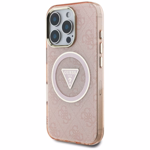 Guess IML Metal Glitter 4G Circle Triangle MagSafe Suojakuori iPhone 16 Pro:lle - Vaaleanpunainen