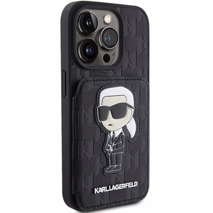 Karl Lagerfeld Saffiano Cardslots and Stand Monogram Ikonik Patch suojakuori iPhone 15 Pro:lle - musta