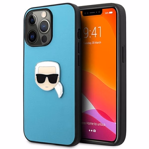 Karl Lagerfeld KLHCP13XPKMB iPhone 13 Pro Max 6,7" sininen kova kotelo Leather Ikonik Karl`s Head Metal