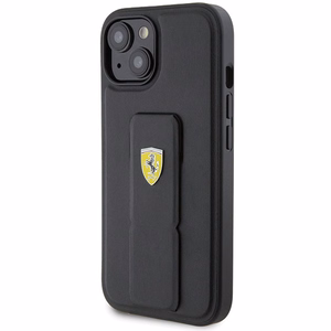 Ferrari Grip Stand Metal Logo Suojakuori iPhone 15:lle - musta
