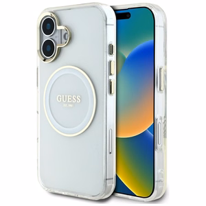 Guess IML Metal Colored Circle Classic Logo MagSafe Suojakuori iPhone 16:lle - valkoinen