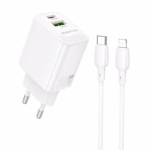 Borofone Seinälaturi BN29 Fuente - USB + Type C - QC 3.0 PD 30W Type C - Lightning -kaapelilla valkoinen