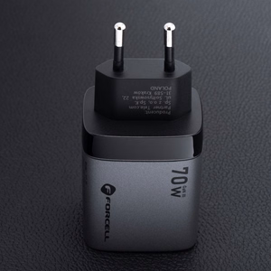 Puhelinlaturi Forcell F-Energy GaN III 2 x USB C + USB A QC4.0 3,45A PD 70W SAM SFC2.0 LCD-näytöllä VT-37 harmaa