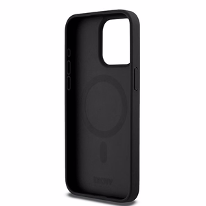 DKNY Nahkainen Monogram Pattern Metal Logo MagSafe Suojakuori iPhone 15 Pro Max:lle - Musta