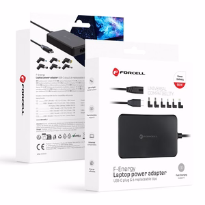 FORCELL F-ENERGY E856 yleislaturi kannettaville tietokoneille 90W USB C + 6 sovitinta - musta