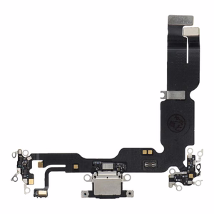 Original charging-port flex cable removed from a donor device for iPhone 15 Plus – black