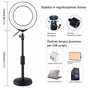 LED-rengasvalo 16cm pöytäkiinnikkeellä 18-28cm, USB
