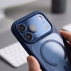 Tech-Protect MagOne MagSafe CC suojakuori ja 2 kpl karkaistuja laseja malleille iPhone 18 Pro Max / 17 Pro Max, läpinäkyvä tummansininen