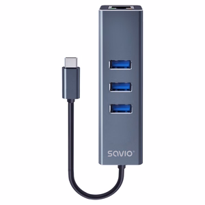 Savio AK-57 USB-C – 3x USB-A -hubi RJ-45 gigabitin Ethernet-sovittimella, 5000 Mbit/s, harmaa