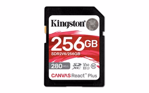 Kingston Technology 256GB Canvas React Plus SDXC UHS-II 280R/150W U3 V60 Full HD/4K -kuvaukseen
