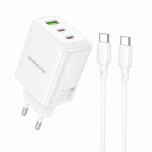 Borofone seinälaturi BN32 Cargador GaN - USB + 2xType C - QC 3.0 PD 65W Type C - Type C -kaapelilla valkoinen